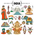 Vector set with hand drawn isolated colored doodles on the  theme of India. National symbols Royalty Free Stock Photo